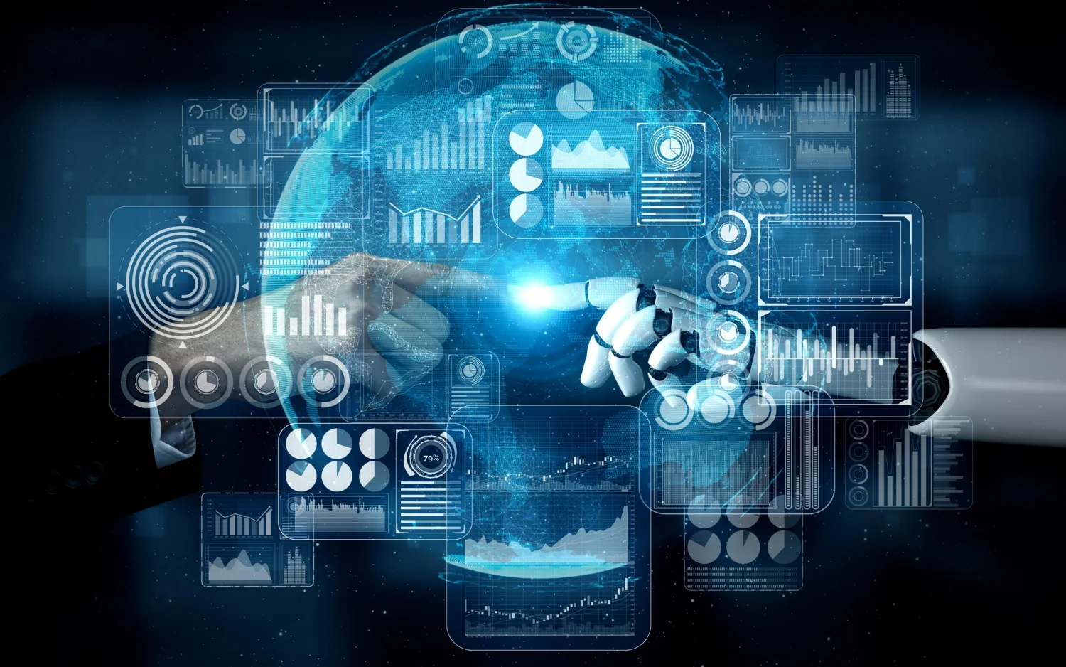 Representação visual de IA para marketing com robô e elementos digitais