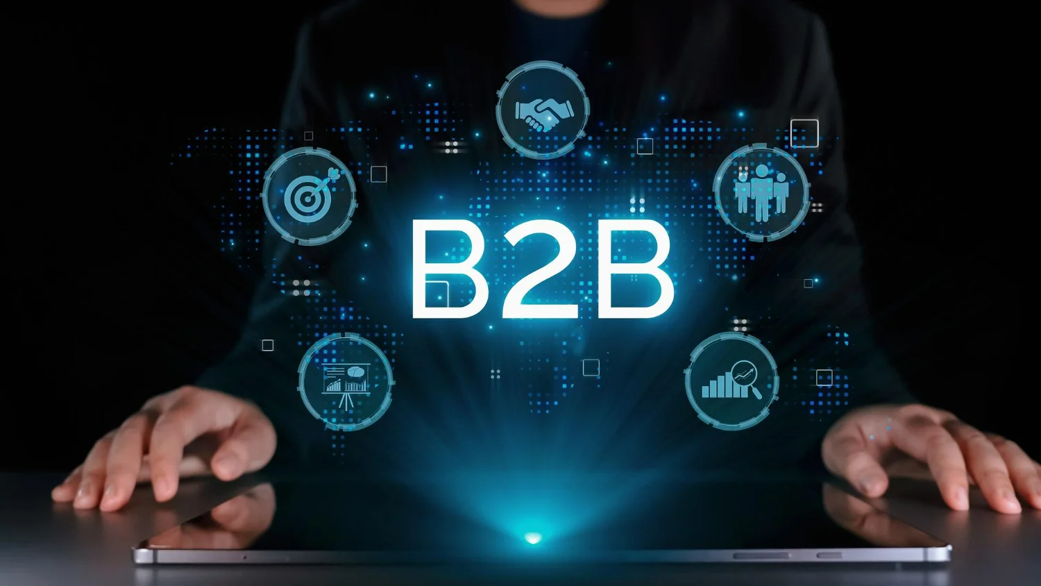 Ícones de negócios representando estratégias de geração de leads B2B