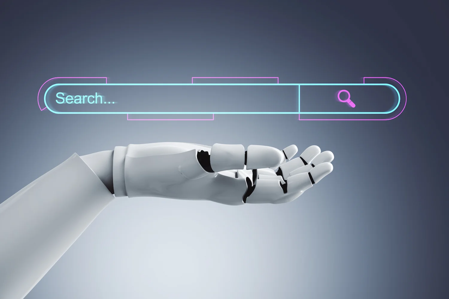 Mão robótica com barra de busca holográfica simbolizando o impacto do Google AI Mode nas pesquisas