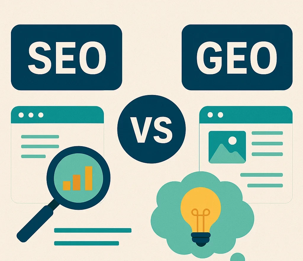 Ilustração de SEO vs GEO destacando diferenças nas estratégias de otimização