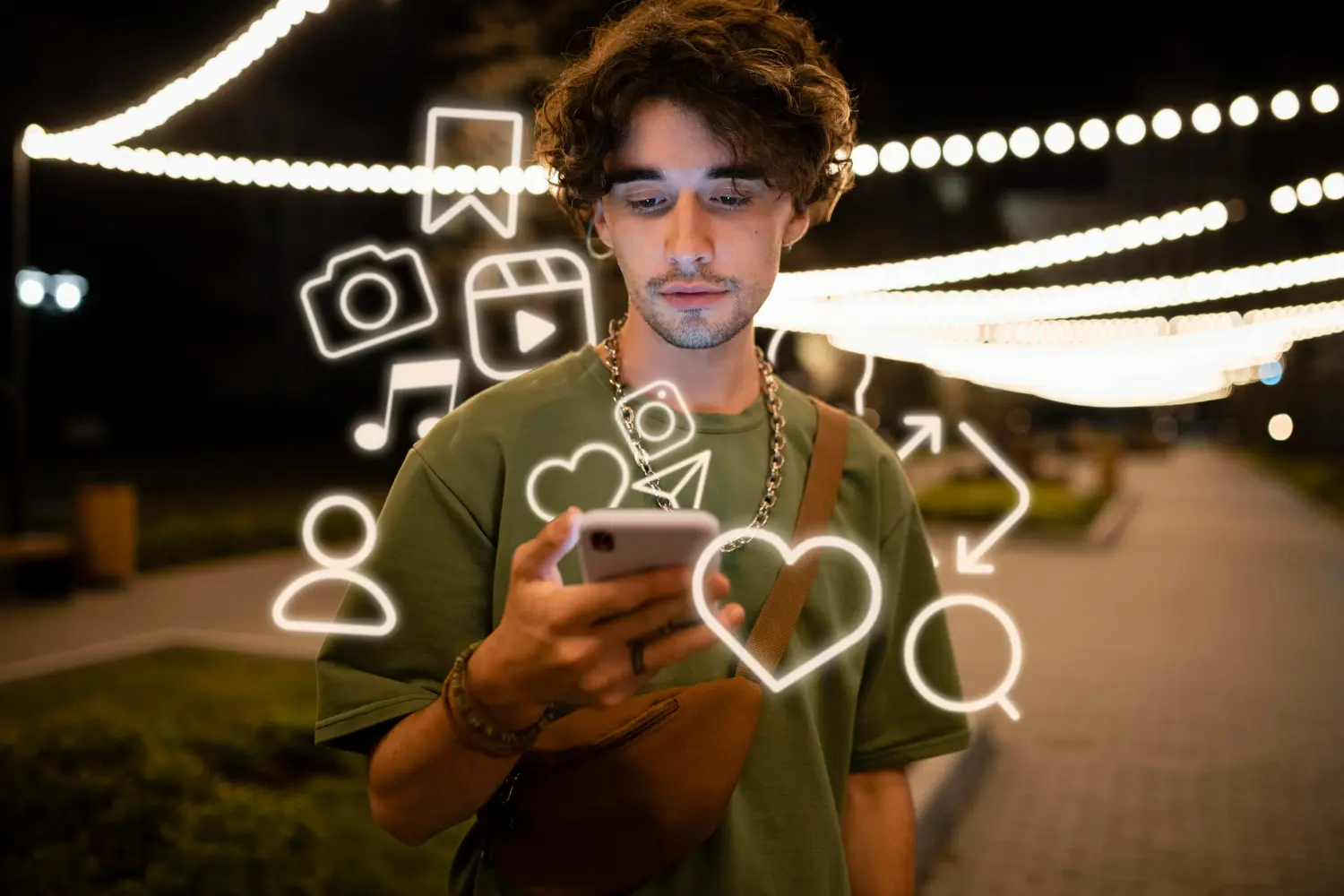 Jovem no celular com ícones de mídia social, simbolizando o algoritmo do Instagram