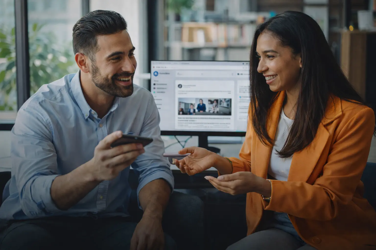 Profissionais em reunião usando celular e notebook, ilustrando social selling no LinkedIn