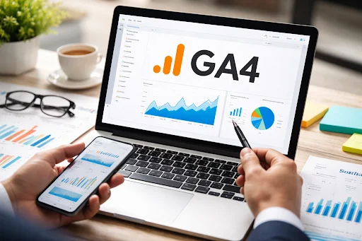 Profissional analisando gráficos no notebook e no celular durante a etapa de configurar e instalar o GA4