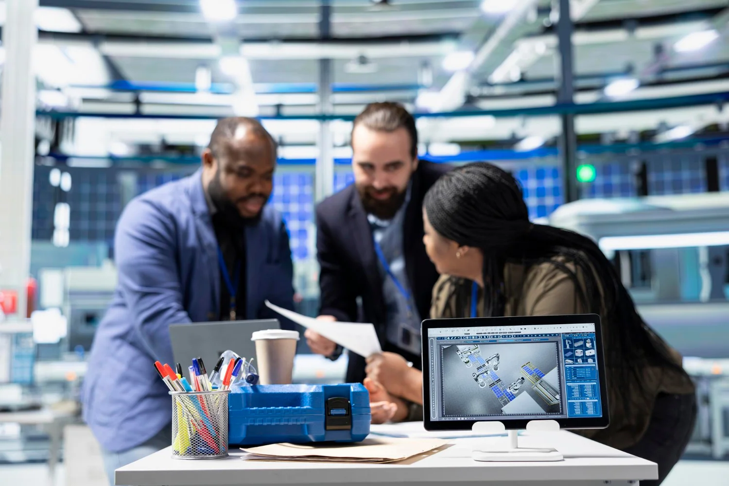 Marketing digital para indústrias em reunião de equipe com projeto técnico exibido em monitor